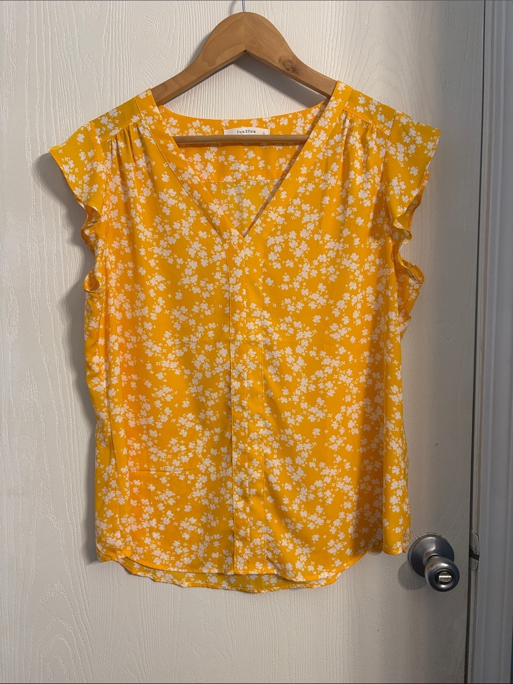 fun 2 fun Bright Yellow Floral V-Neck Ruffle Sleeve Top